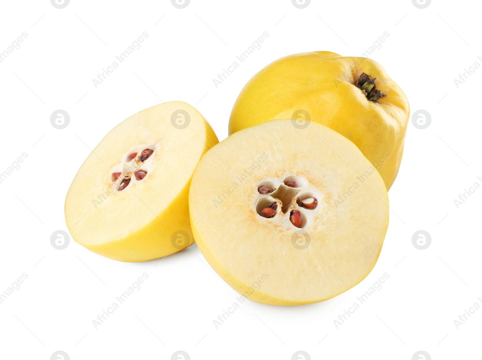 Photo of Ripe whole and cut quinces isolated on white