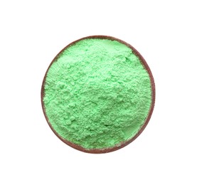 Photo of Green powder in bowl isolated on white, top view. Holi festival celebration