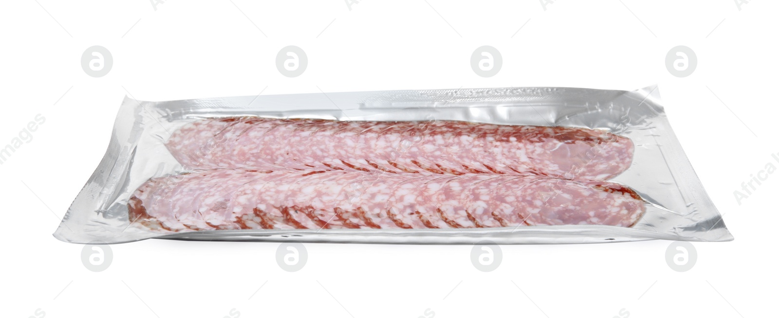 Photo of Slices of tasty sausage on white background