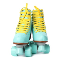 Photo of Pair of bright stylish roller skates on white background