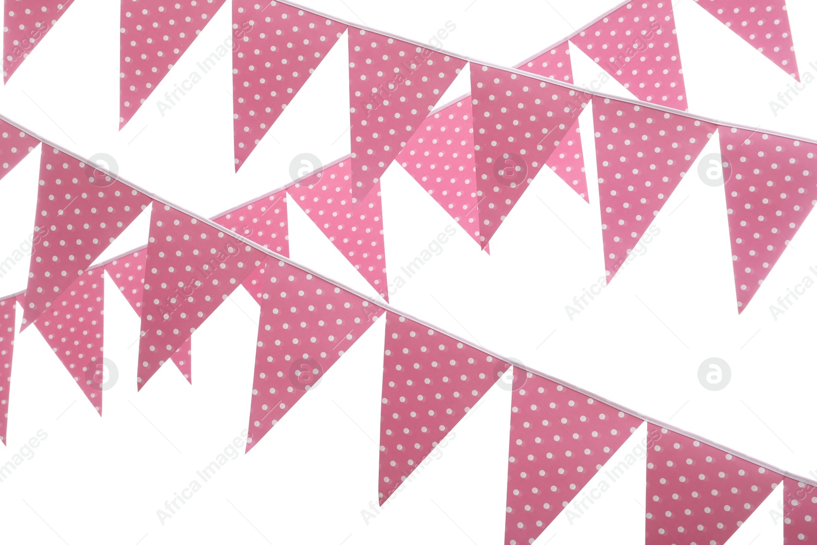 Photo of Rows of triangular bunting flags on white background. Festive decor