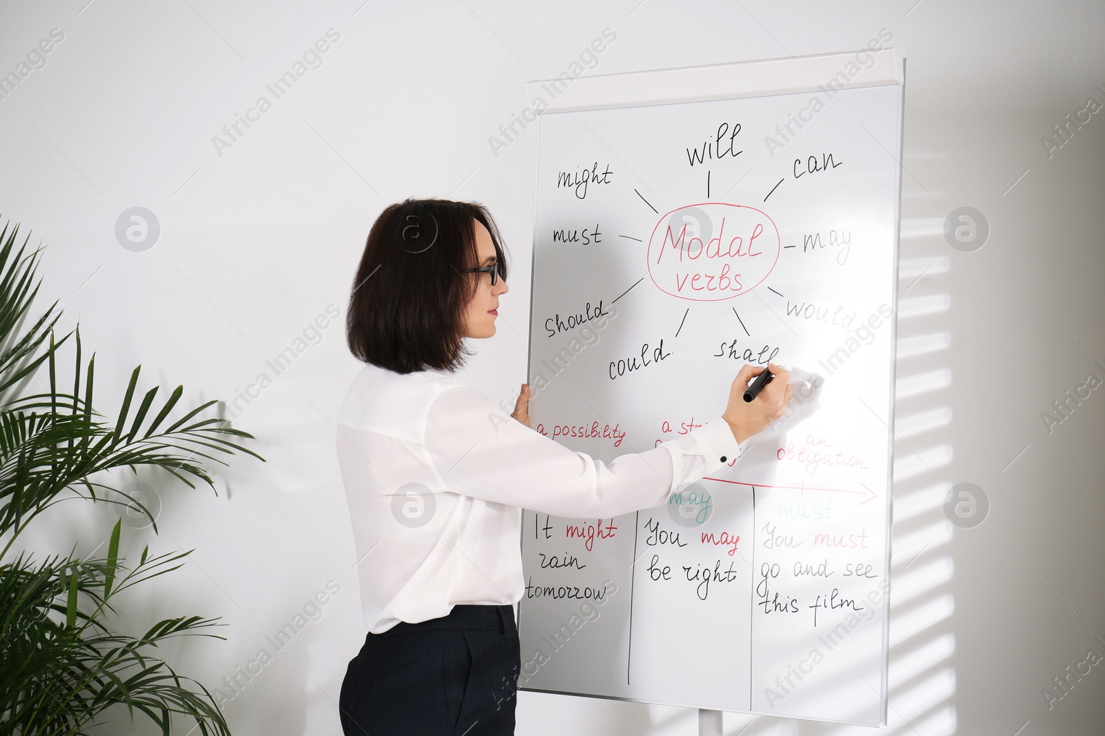 Photo of English teacher giving lesson on modal verbs near whiteboard in classroom