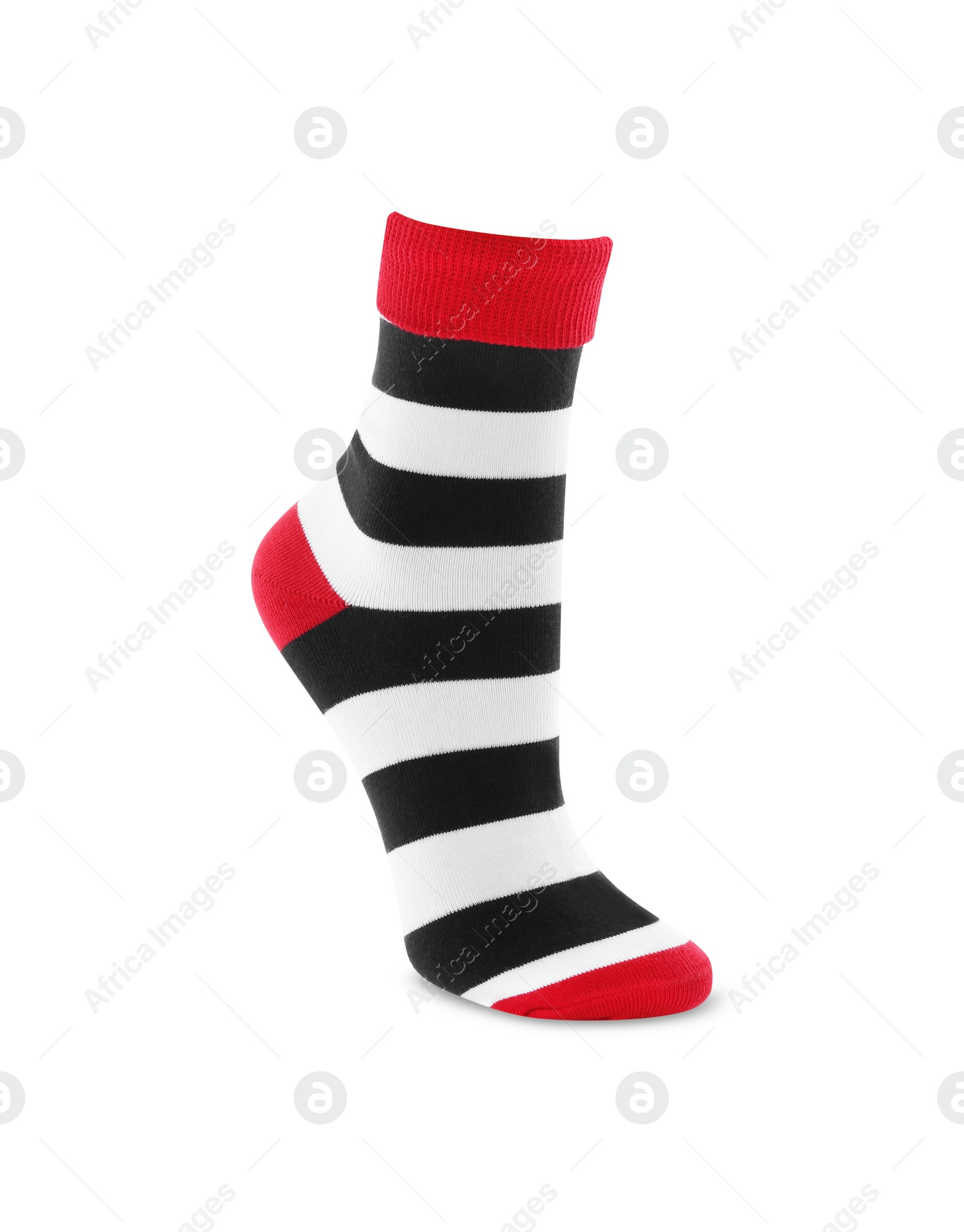 Photo of New striped sock isolated on white. Footwear accessory