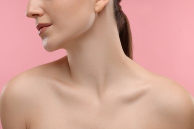 Photo of Beauty concept. Woman on pink background, closeup