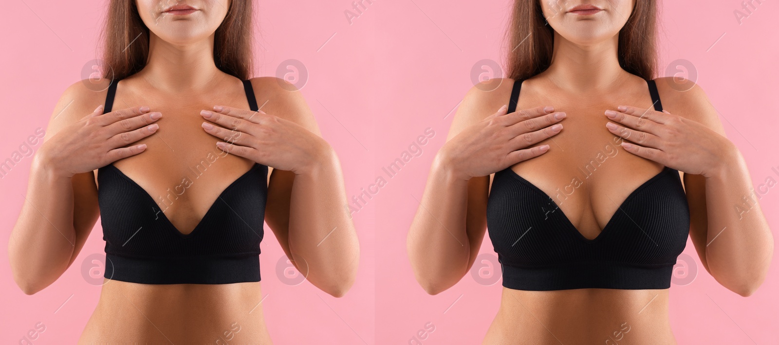 Image of Woman before and after breast augmentation on pink background, closeup. Collage with photos showing difference between breast sizes