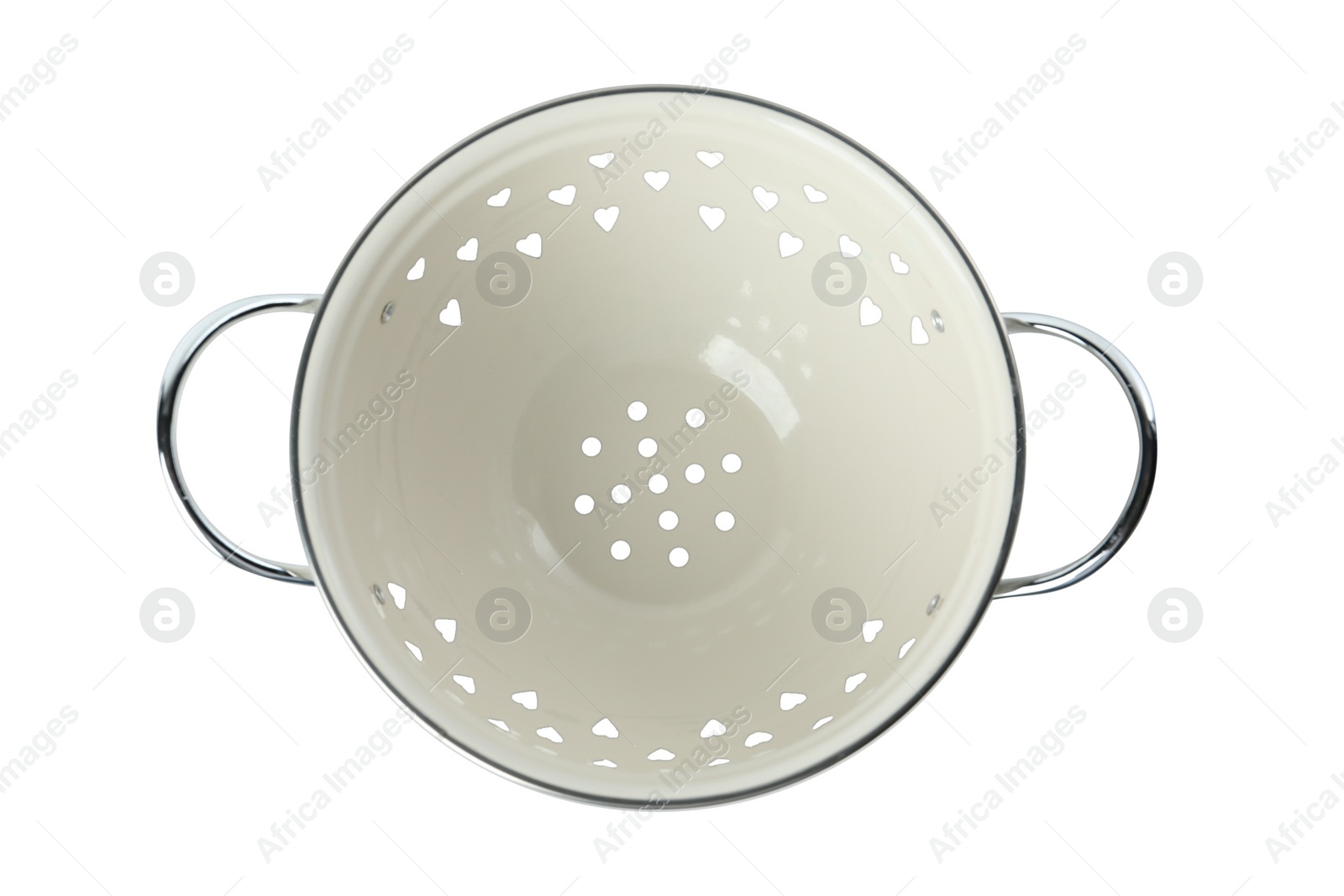 Photo of New clean colander isolated on white, top view. Cooking utensils