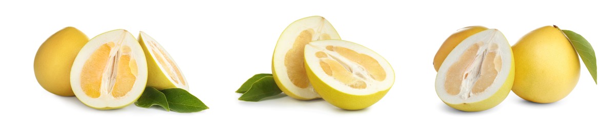 Set of fresh pomelo fruits on white background