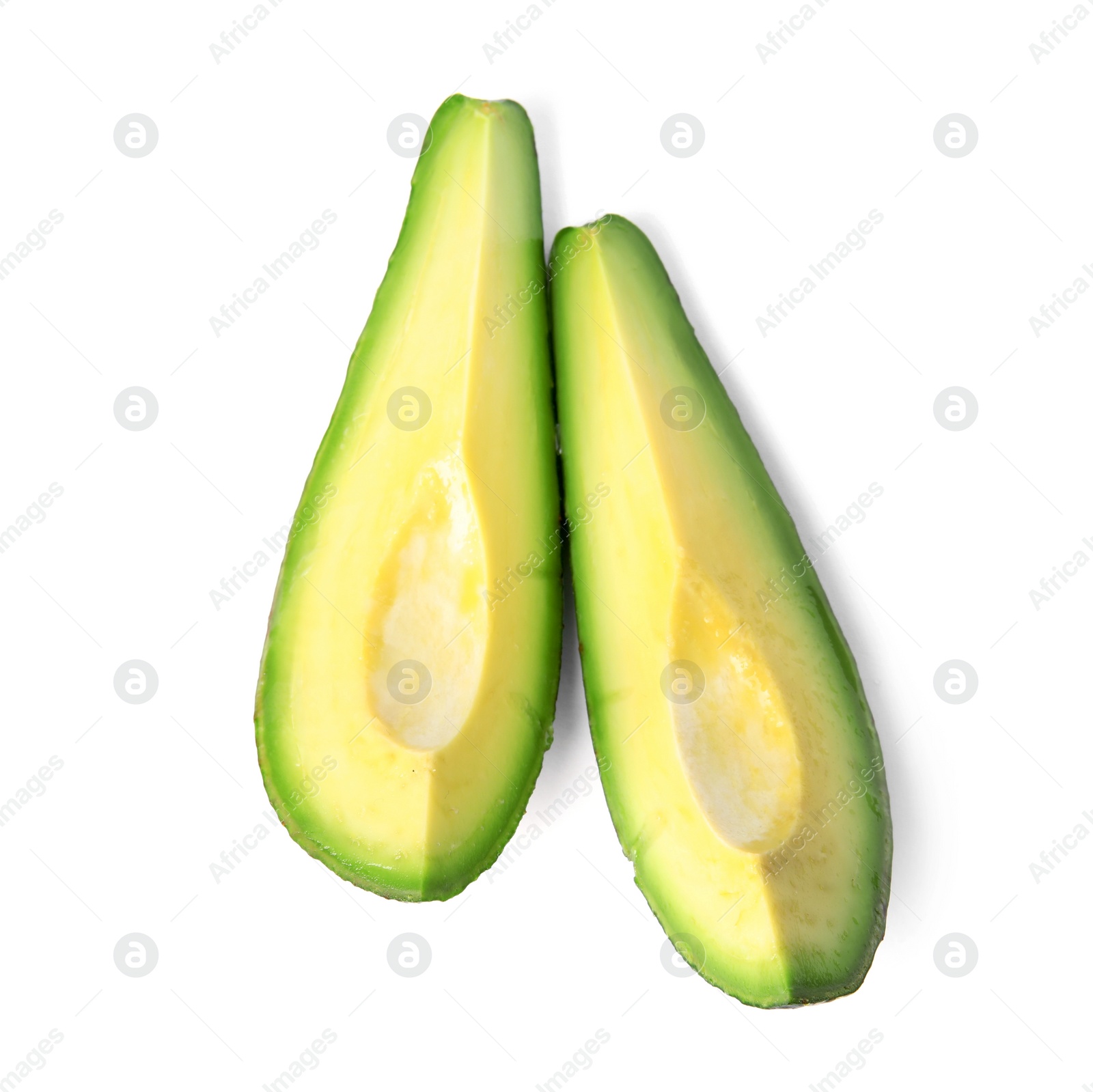 Photo of Slices of raw avocado isolated on white, top view