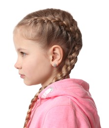 Photo of Little girl on white background. Children's bullying