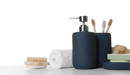 Photo of Bath accessories. Different personal care products on table against white background. Space for text