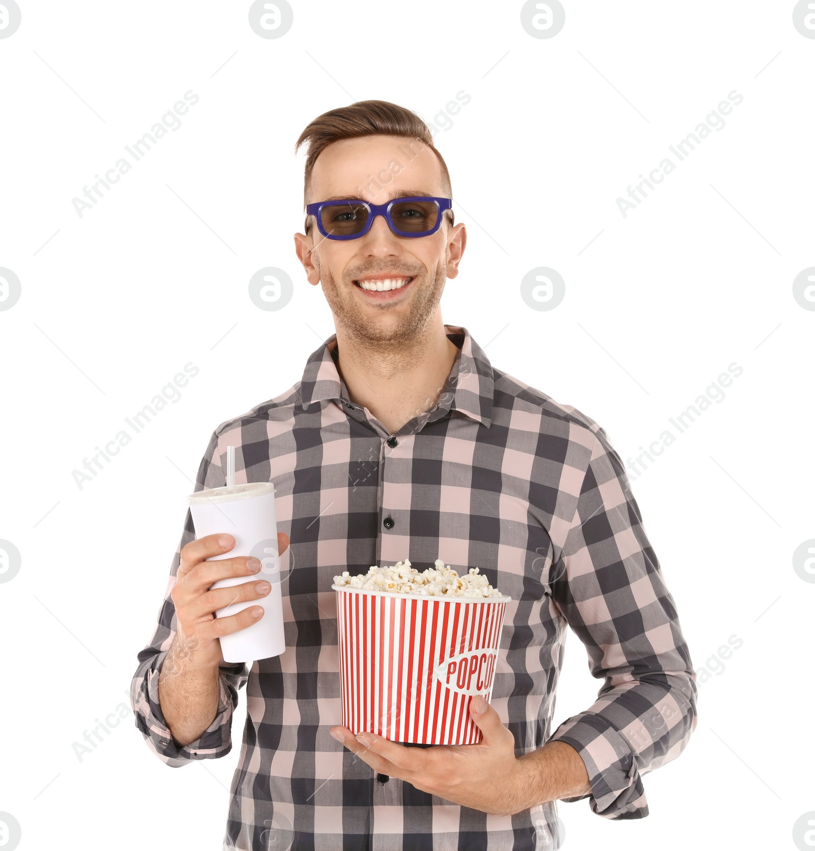 Photo of Man with 3D glasses, beverage and popcorn during cinema show on white background