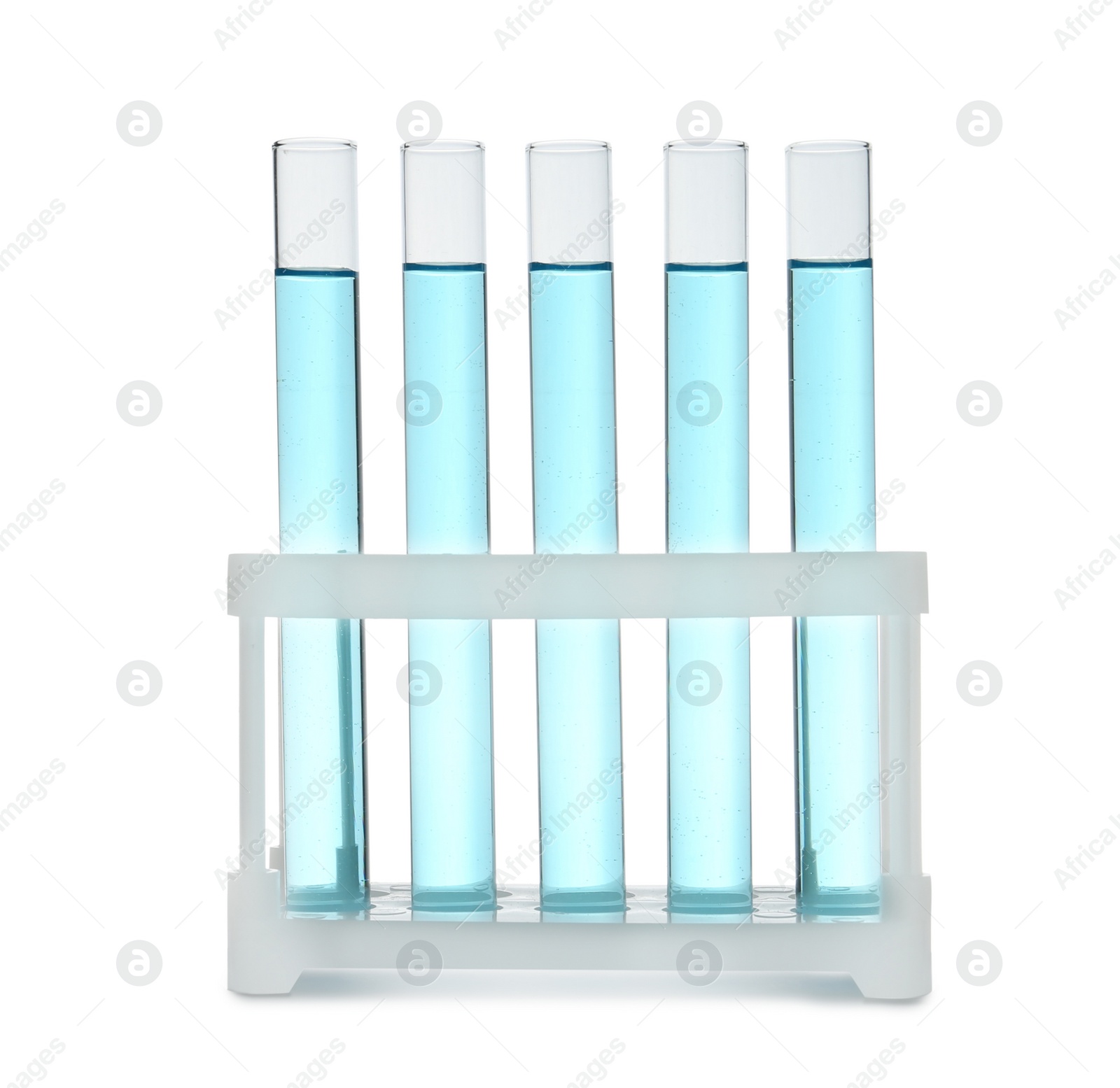 Photo of Test tubes with light blue liquid in rack isolated on white