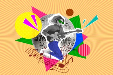 Image of Woman playing guitar and dancing on bright background, creative collage. Stylish art design