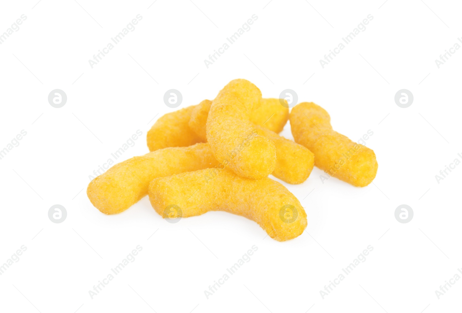 Photo of Many tasty cheesy corn puffs isolated on white