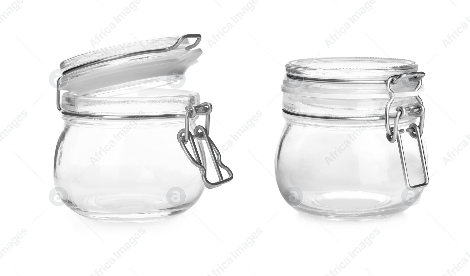 Image of New empty glass jars on white background