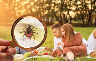 Happy couple having picnic in park and don't even suspect about hidden danger in green grass. Woman showing tick with magnifying glass, selective focus