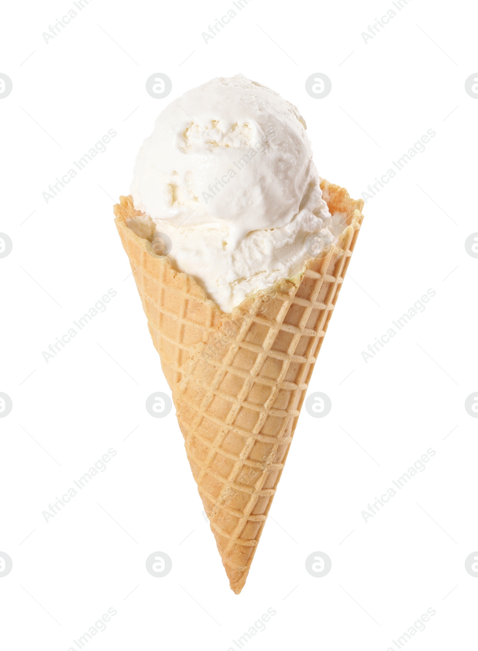 Photo of Delicious ice cream in waffle cone isolated on white