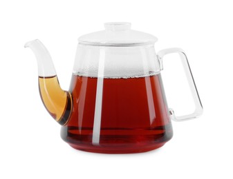 Tasty tea in teapot isolated on white