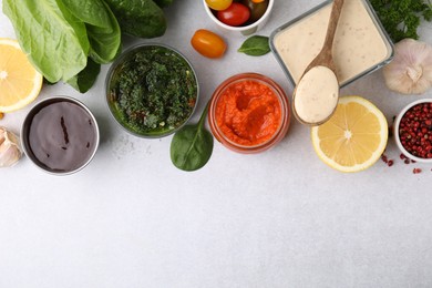 Different marinades and products on light table, flat lay. Space for text