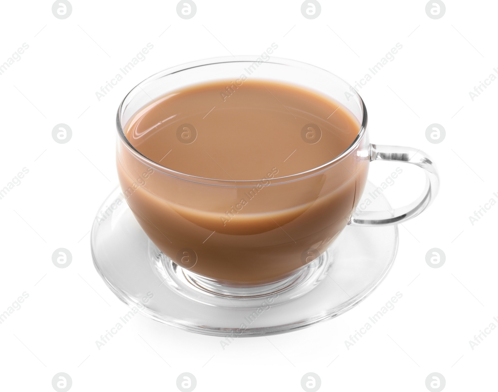 Photo of Delicious tea with milk on white background