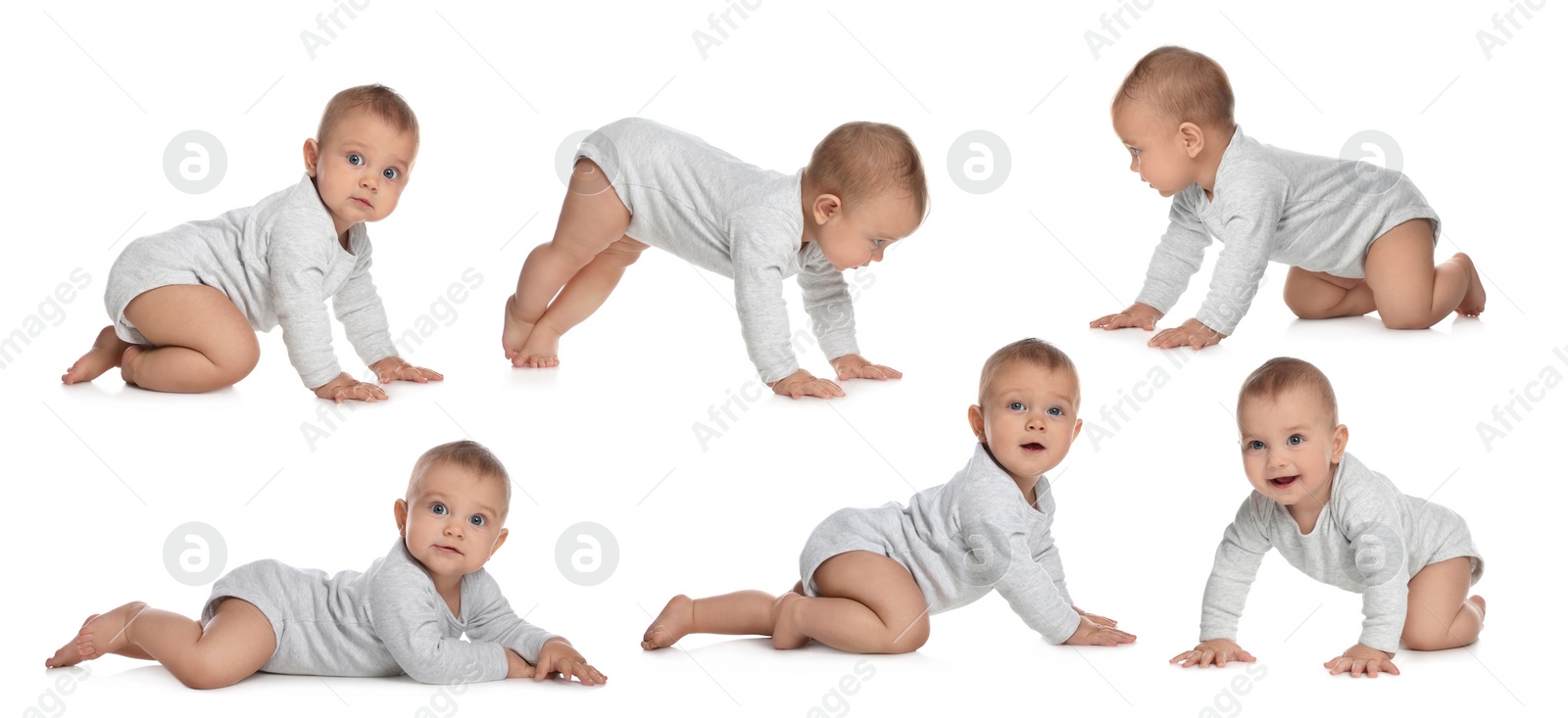 Image of Collage with photos cute little baby crawling on white background. Banner design