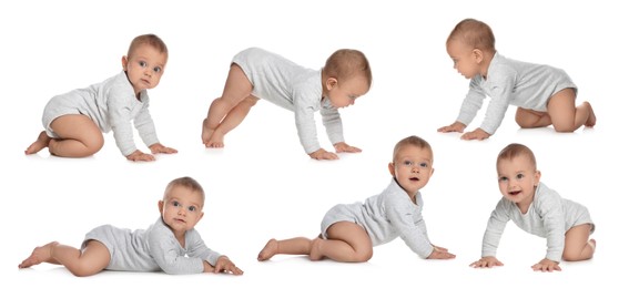 Collage with photos cute little baby crawling on white background. Banner design