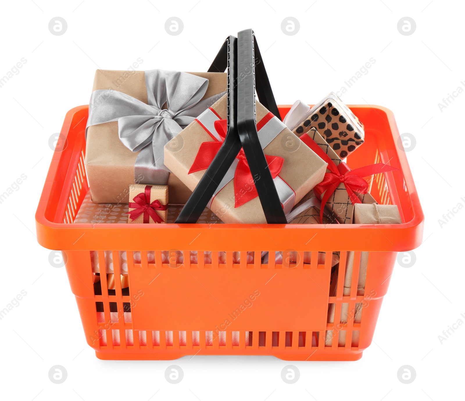 Photo of Orange shopping basket with different gifts on white background