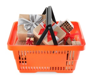 Orange shopping basket with different gifts on white background