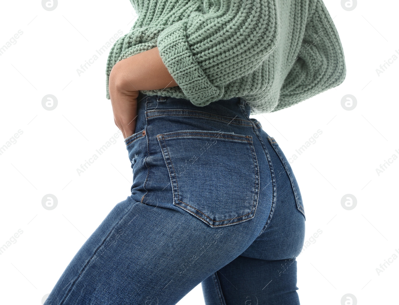 Photo of Woman wearing jeans on white background, closeup