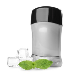 Photo of Natural male deodorant with ice and mint on white background