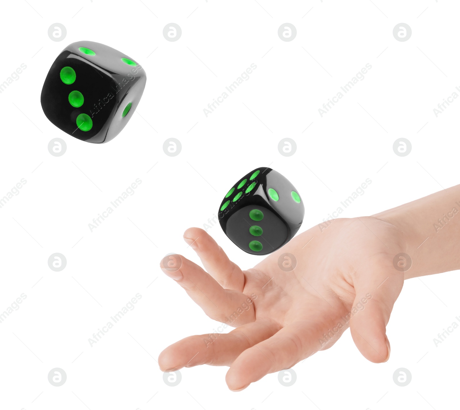 Image of Woman throwing black dice on white background, closeup