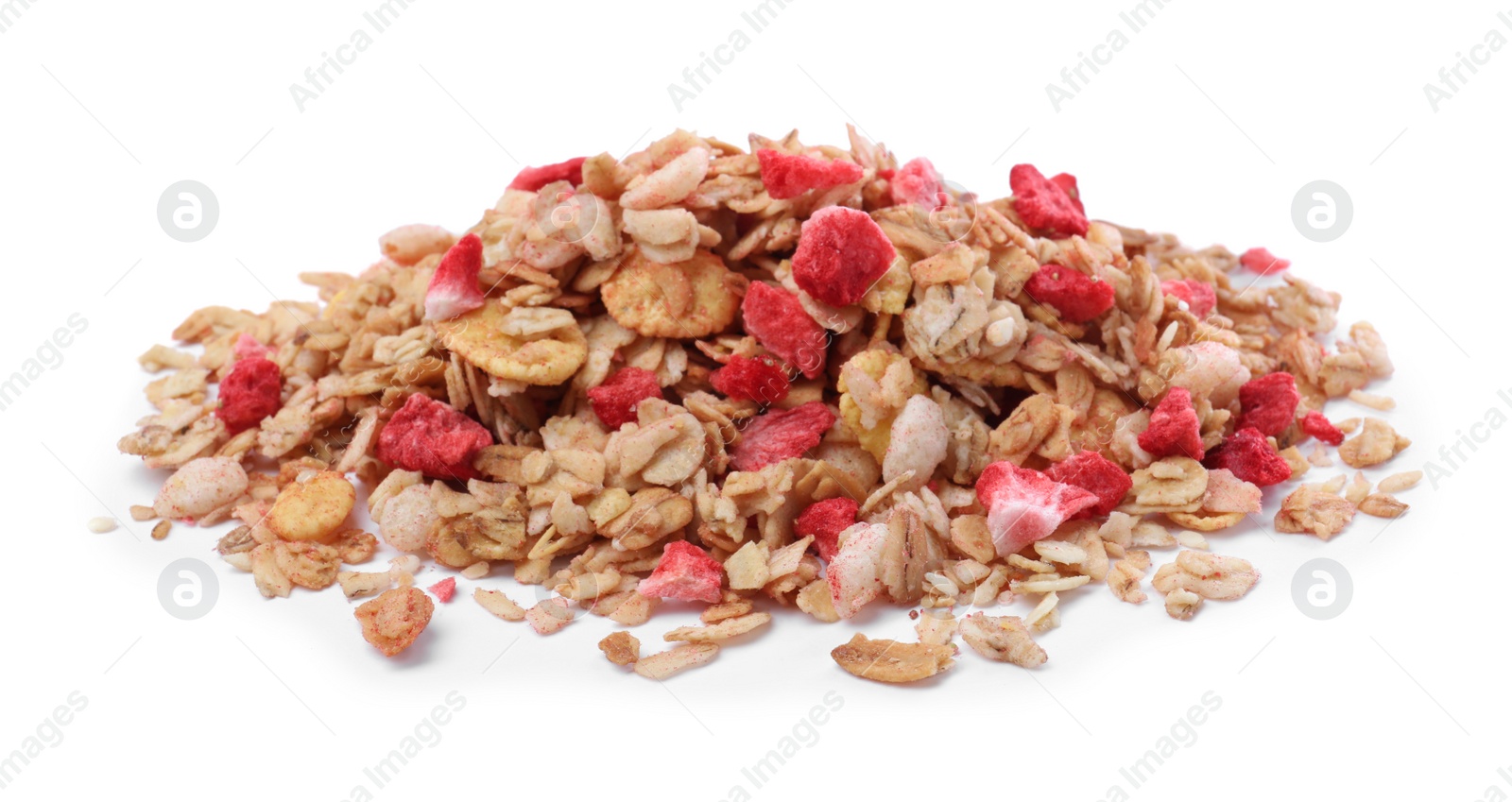 Photo of Pile of granola on white background. Healthy snack