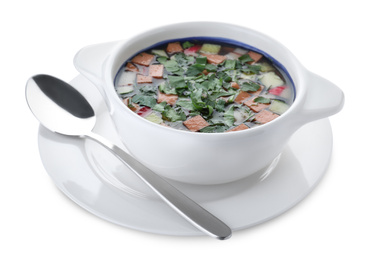 Photo of Delicious cold okroshka with kvass isolated on white. Traditional Russian summer soup