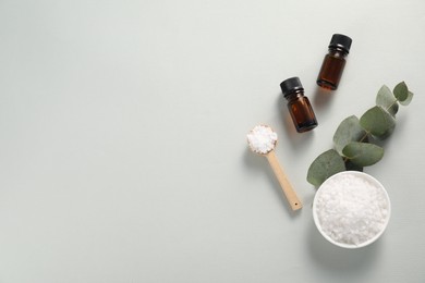 Photo of Aromatherapy products. Bottles of essential oil, sea salt and eucalyptus branch on grey background, flat lay. Space for text