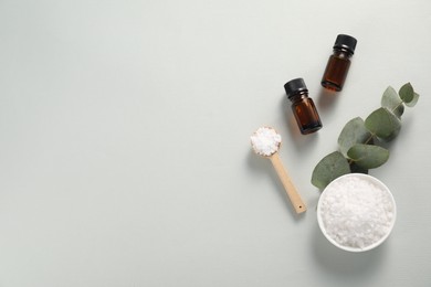 Aromatherapy products. Bottles of essential oil, sea salt and eucalyptus branch on grey background, flat lay. Space for text