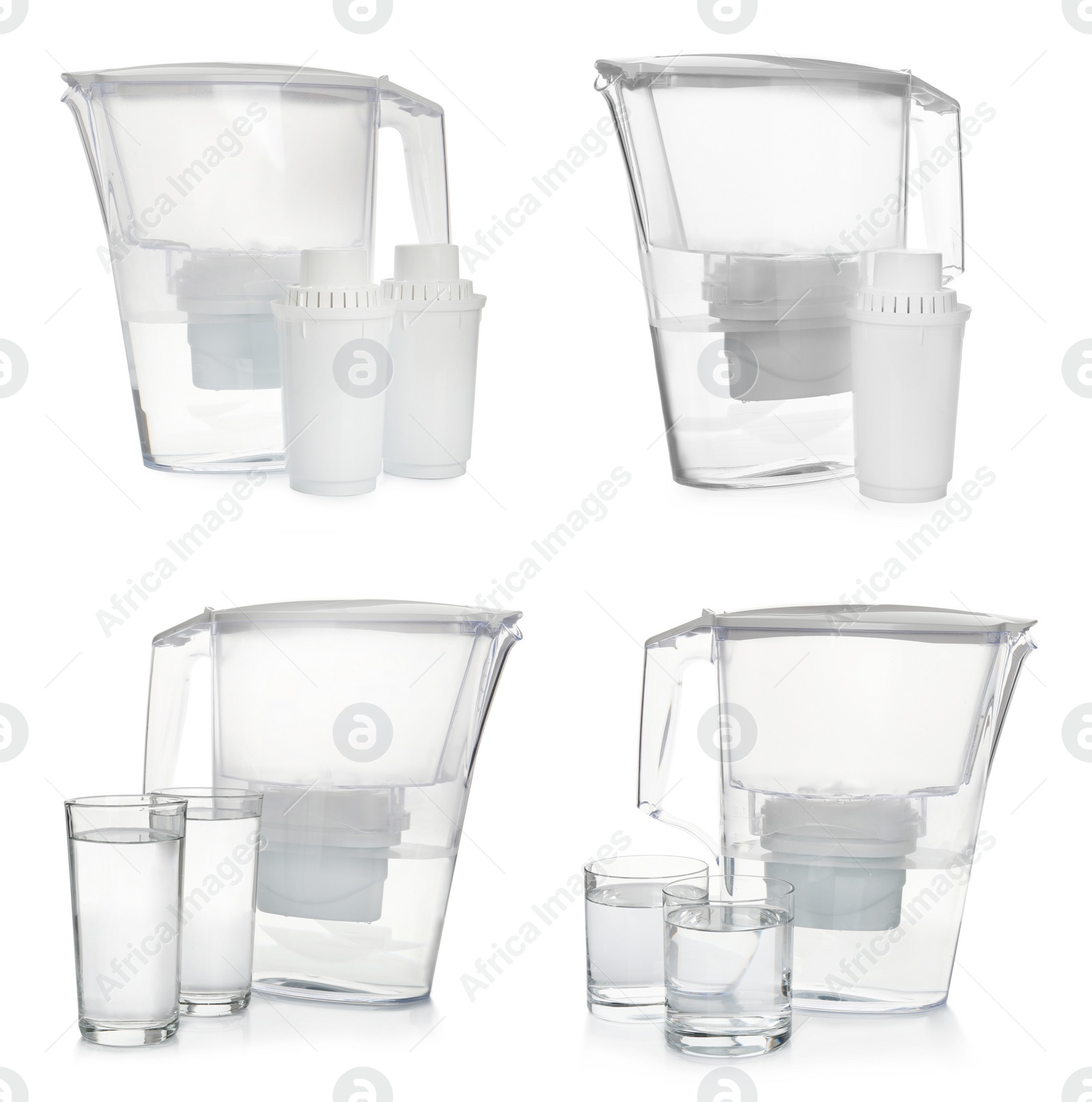 Image of Set with water filter jugs and glasses on white background