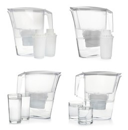 Image of Set with water filter jugs and glasses on white background