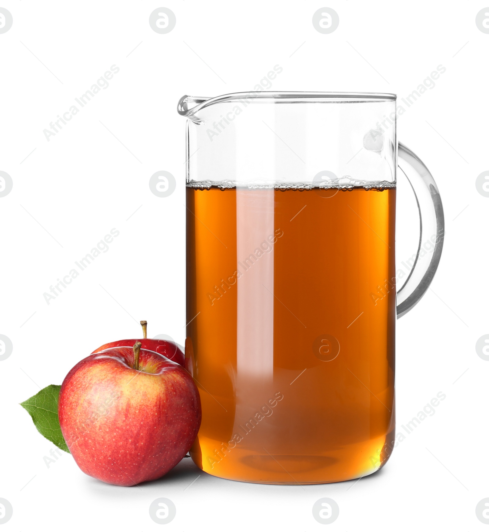 Photo of Jug with juice and fresh apples on white background