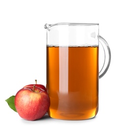 Photo of Jug with juice and fresh apples on white background