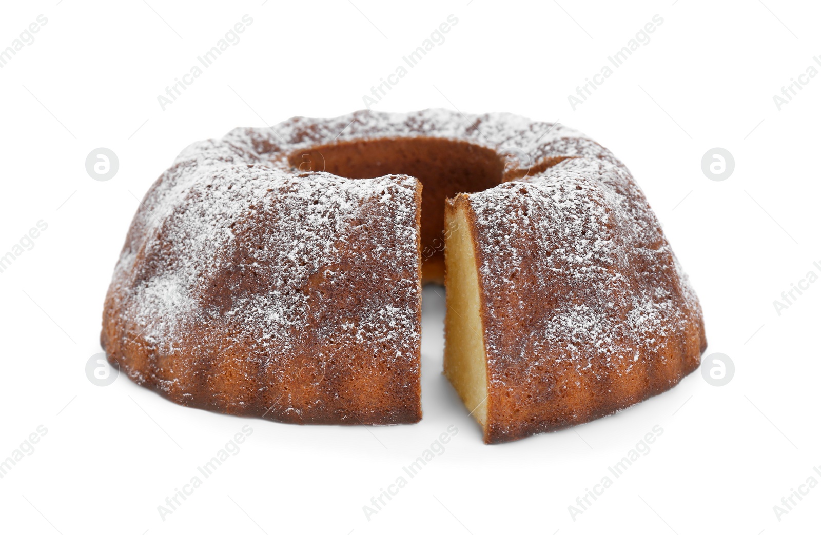 Photo of Homemade yogurt cake with powdered sugar on white background