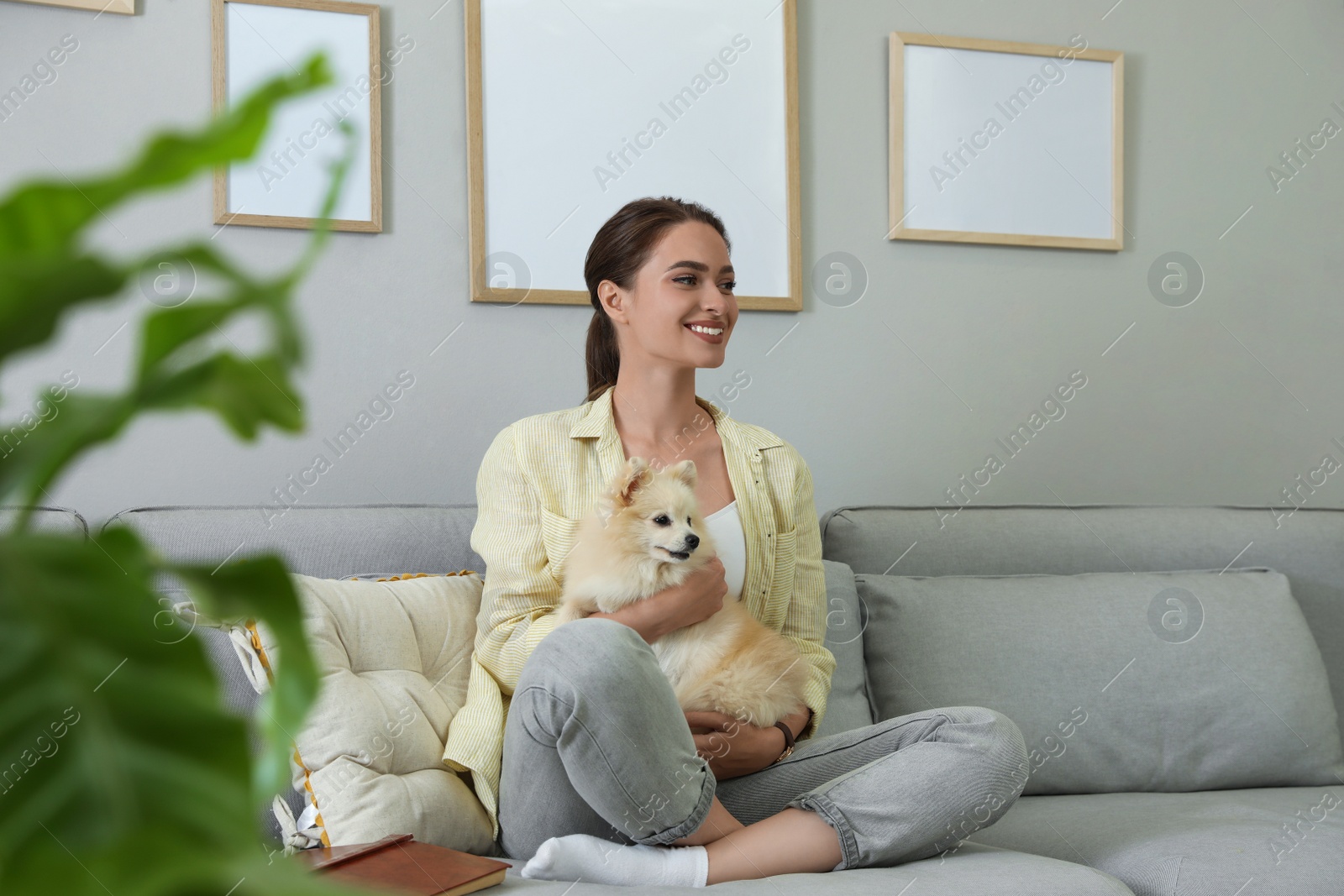 Photo of Happy young woman with cute dog on sofa in living room