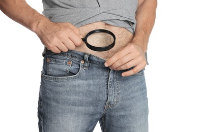 Photo of Man examining intimate area with magnifying glass on white background, closeup. Genital herpes