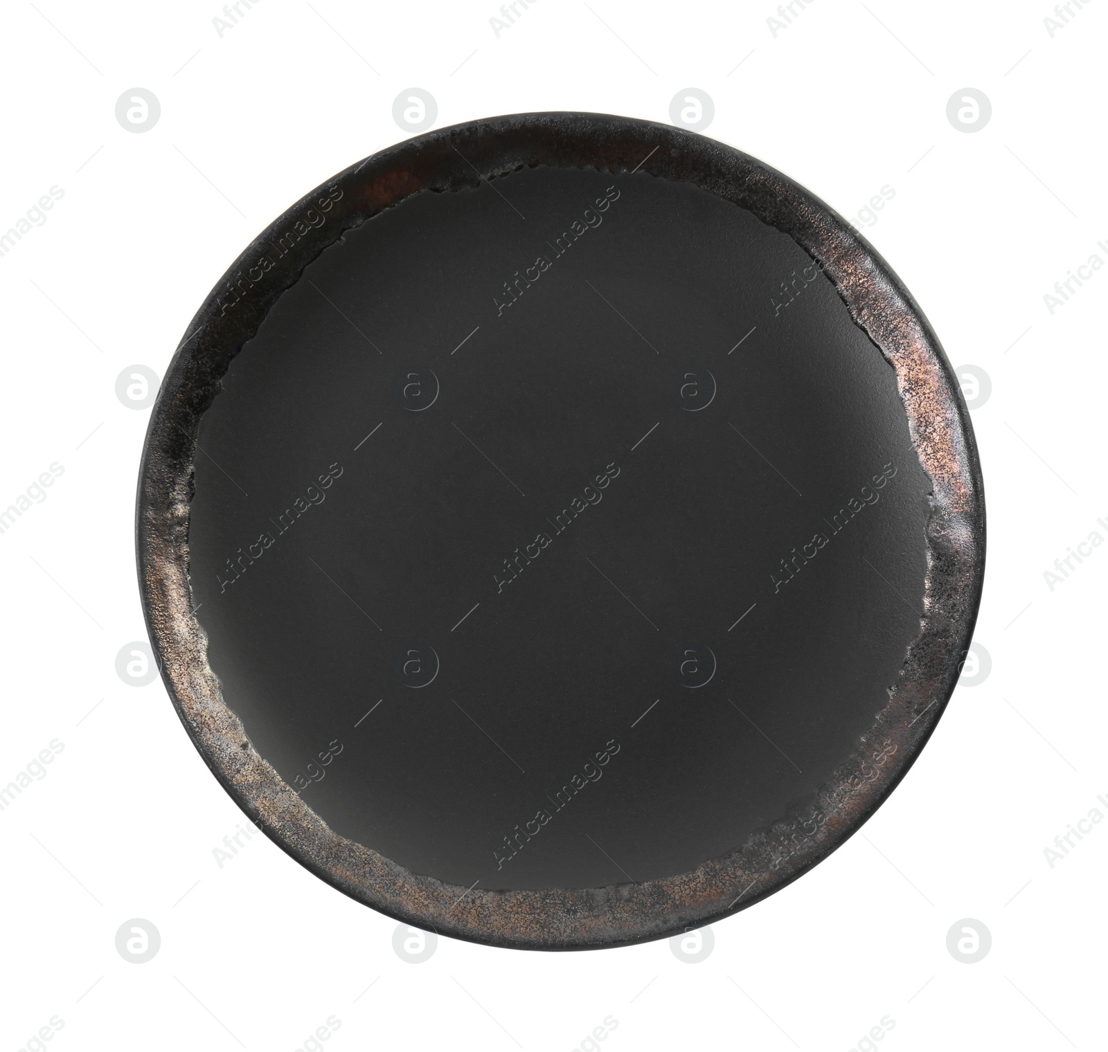 Photo of One black ceramic plate isolated on white, top view