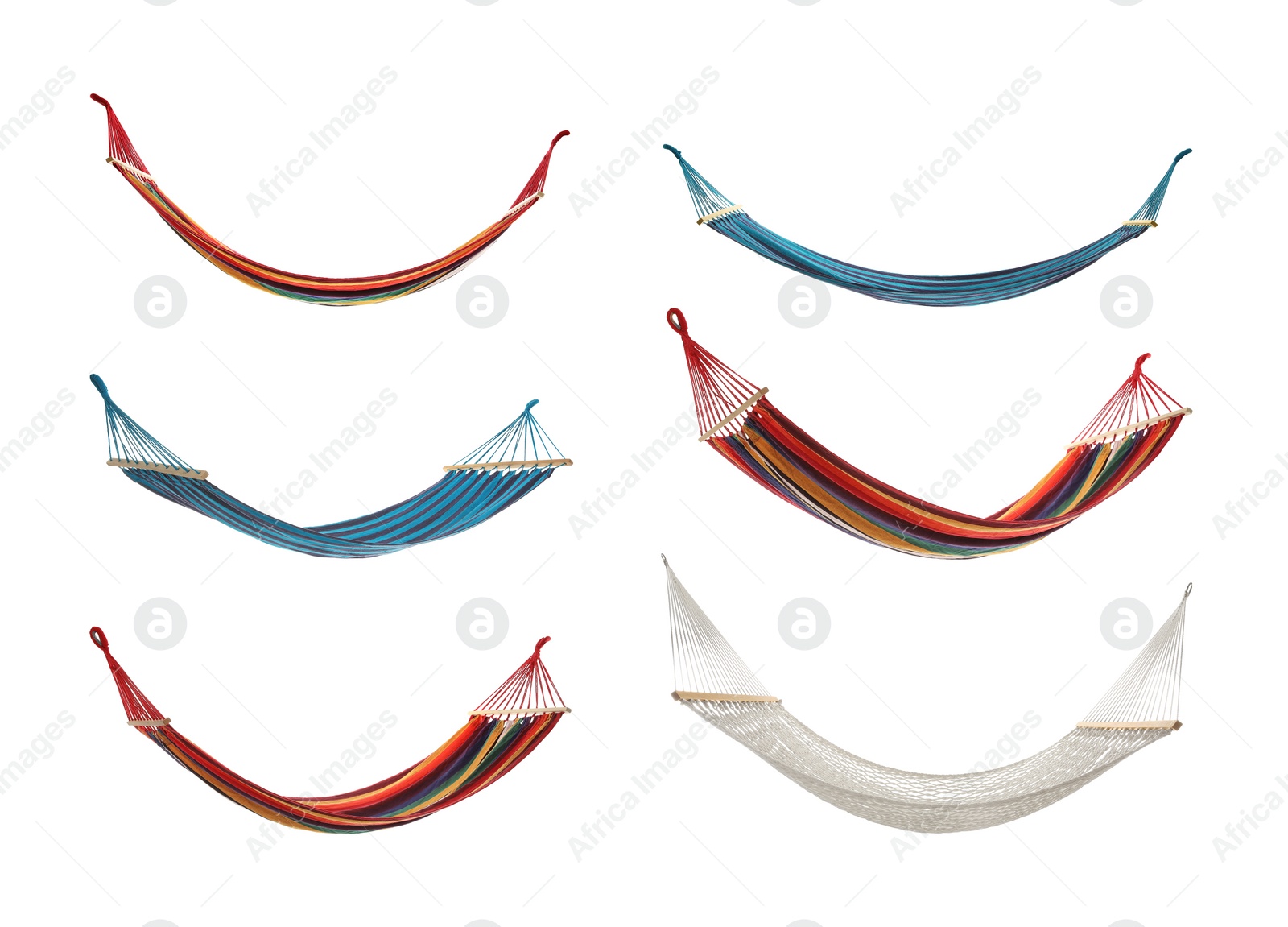 Image of Set with different hammocks on white background