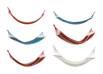 Image of Set with different hammocks on white background