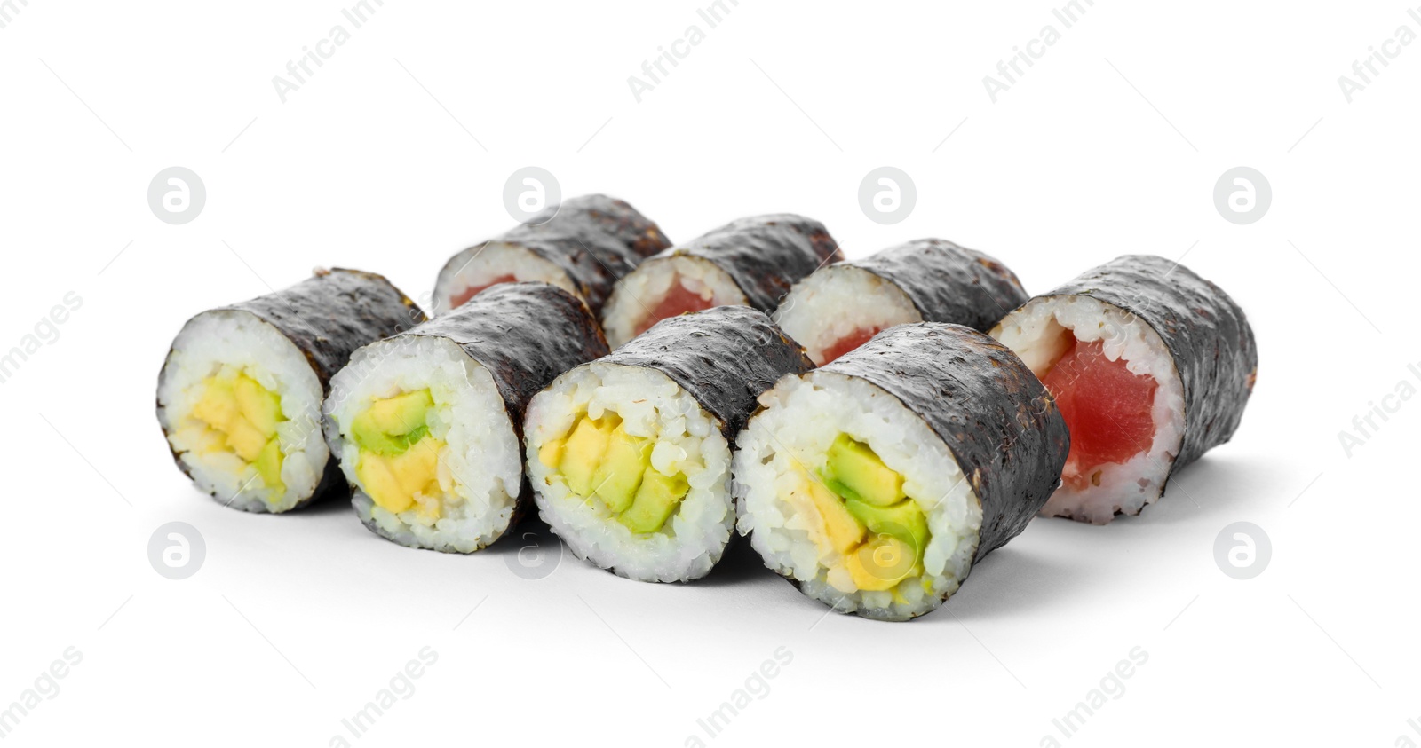 Photo of Different delicious sushi rolls on white background
