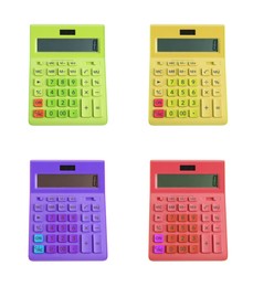 Set of different calculators on white background