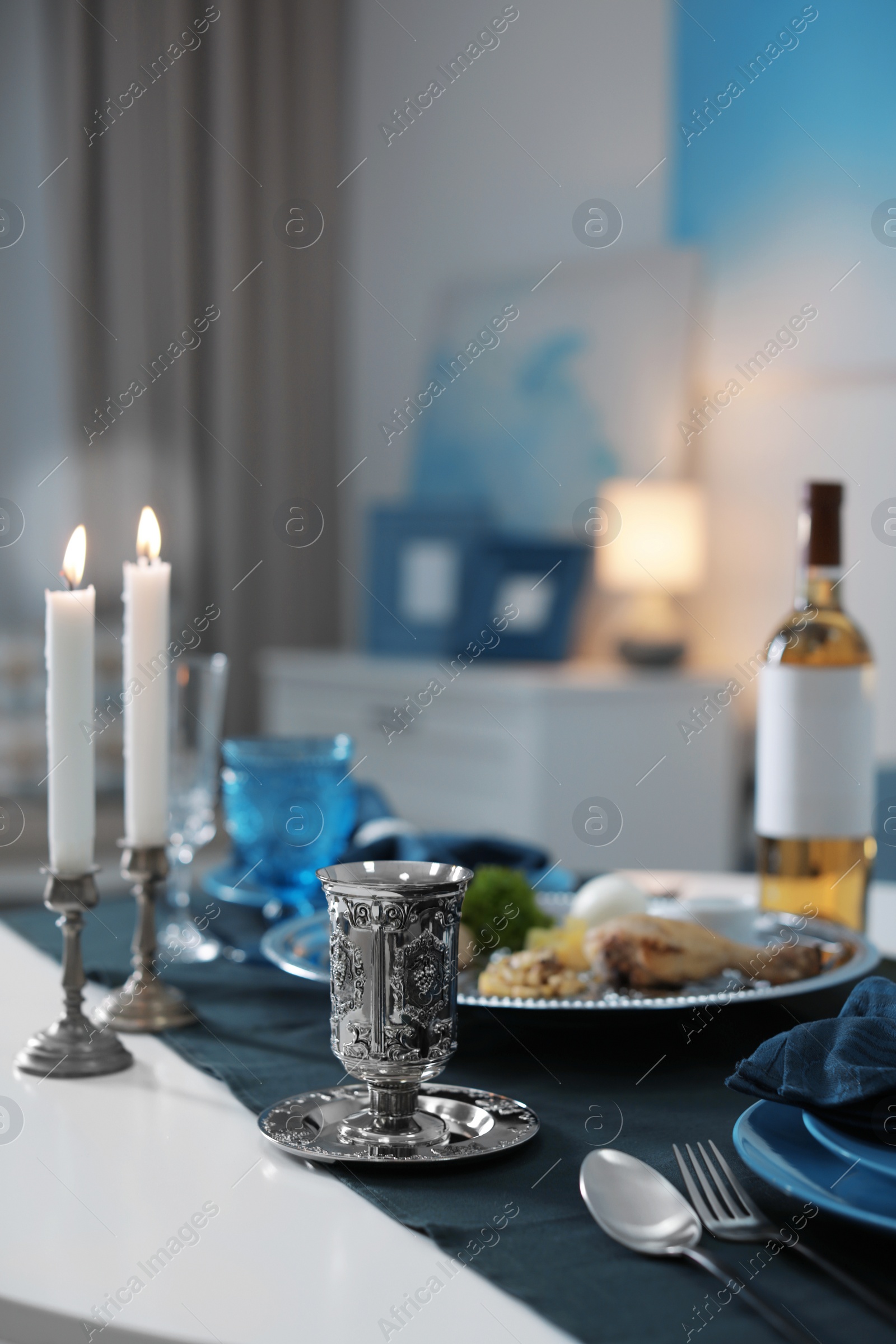 Photo of Table served for Passover (Pesach) Seder indoors, space for text