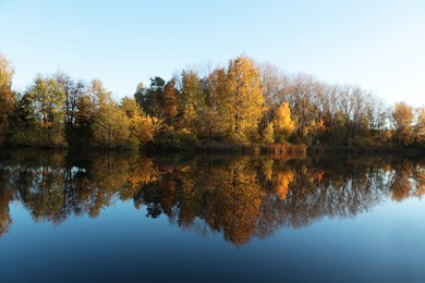 Photo of Picturesque view of lake and trees on autumn day