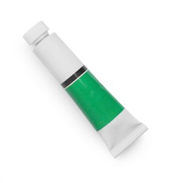 Tube with green oil paint on white background, top view